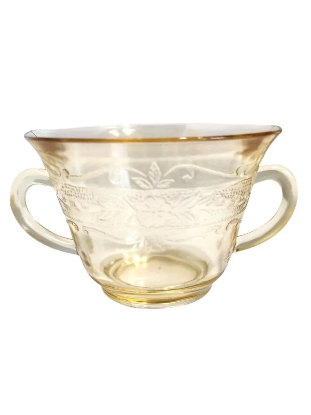 Vintage Amber Depression Glass Open Sugar Bowe With Floral Etched Design READ